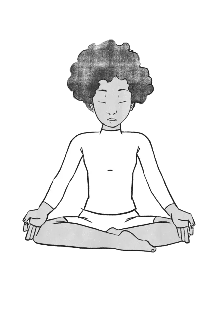 Illustration of Elaine sitting in easy pose with gyan mudra