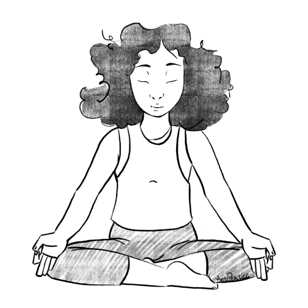 Illustration of Susan sitting in easy pose with hands in gyan mudra