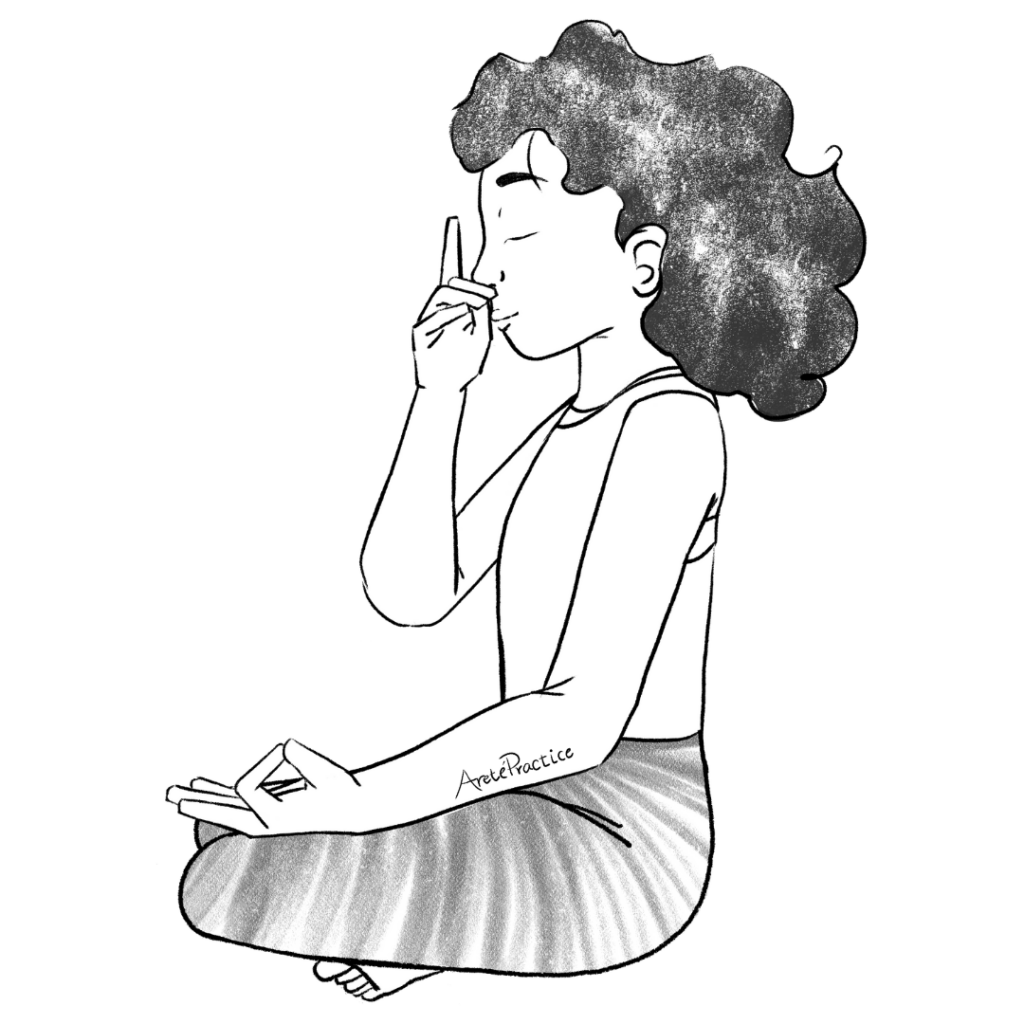 Illustration of Susan doing long deep breathing through right nostril 