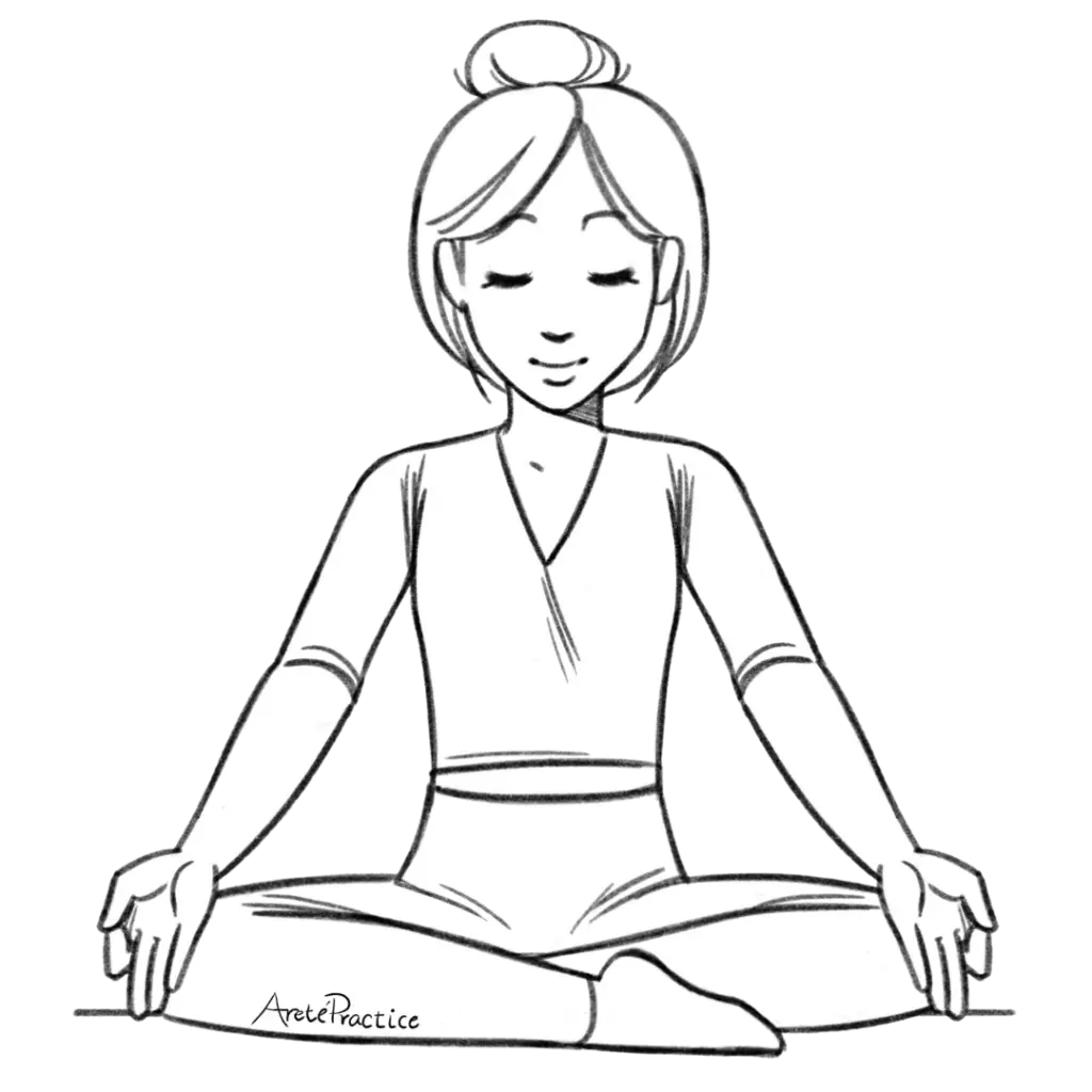 Ilustración de una mujer sentada en pose fácil con las manos en Gyan mudra