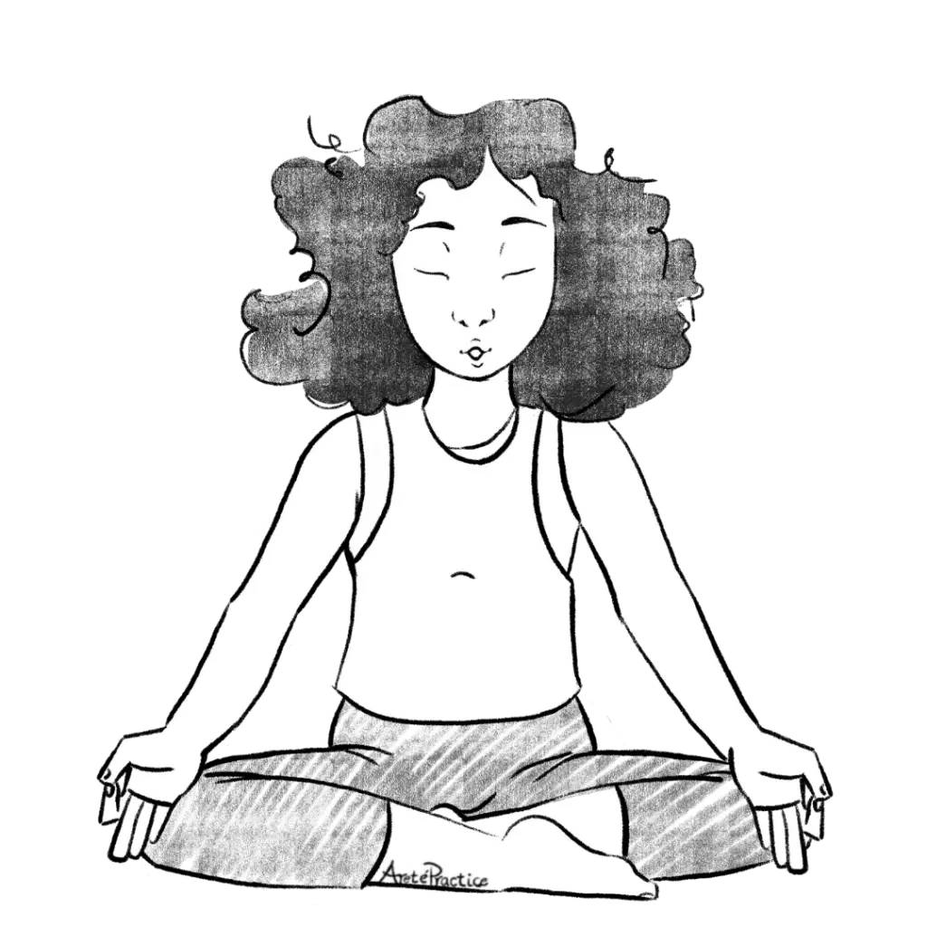 Ilustración de Susan sentada en postura fácil con las manos en gyan mudra y la boca en forma de O