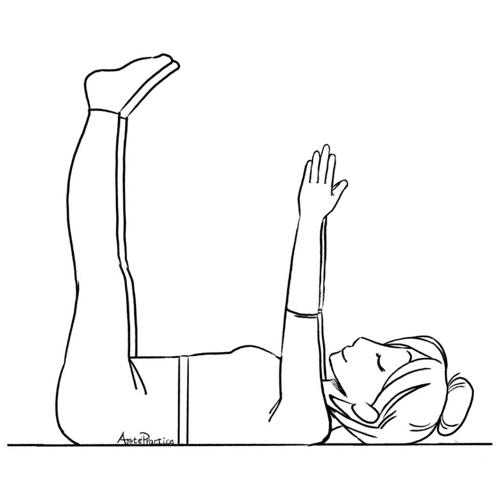 Helen laying down with both legs extended to 90 degrees and both arms up. 