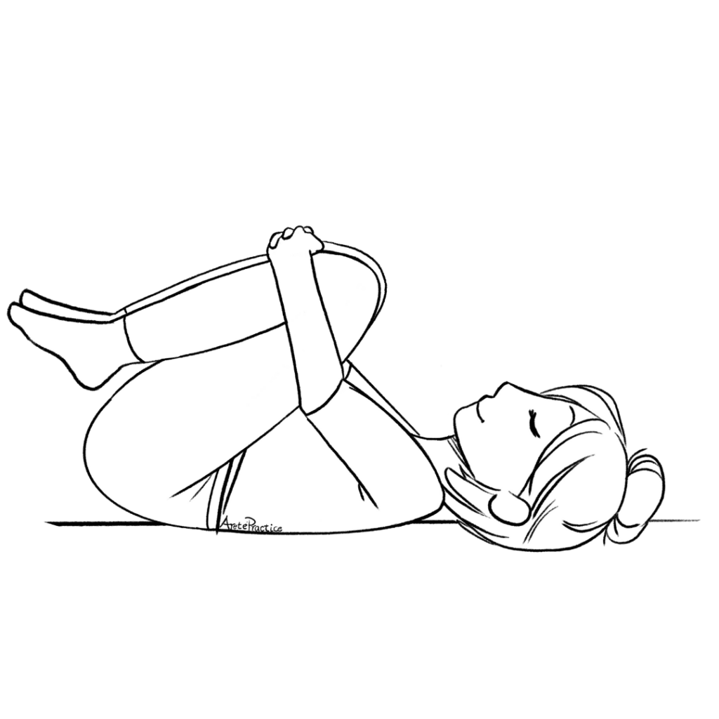 Illustration of Helen laying down with knees towards chest. 