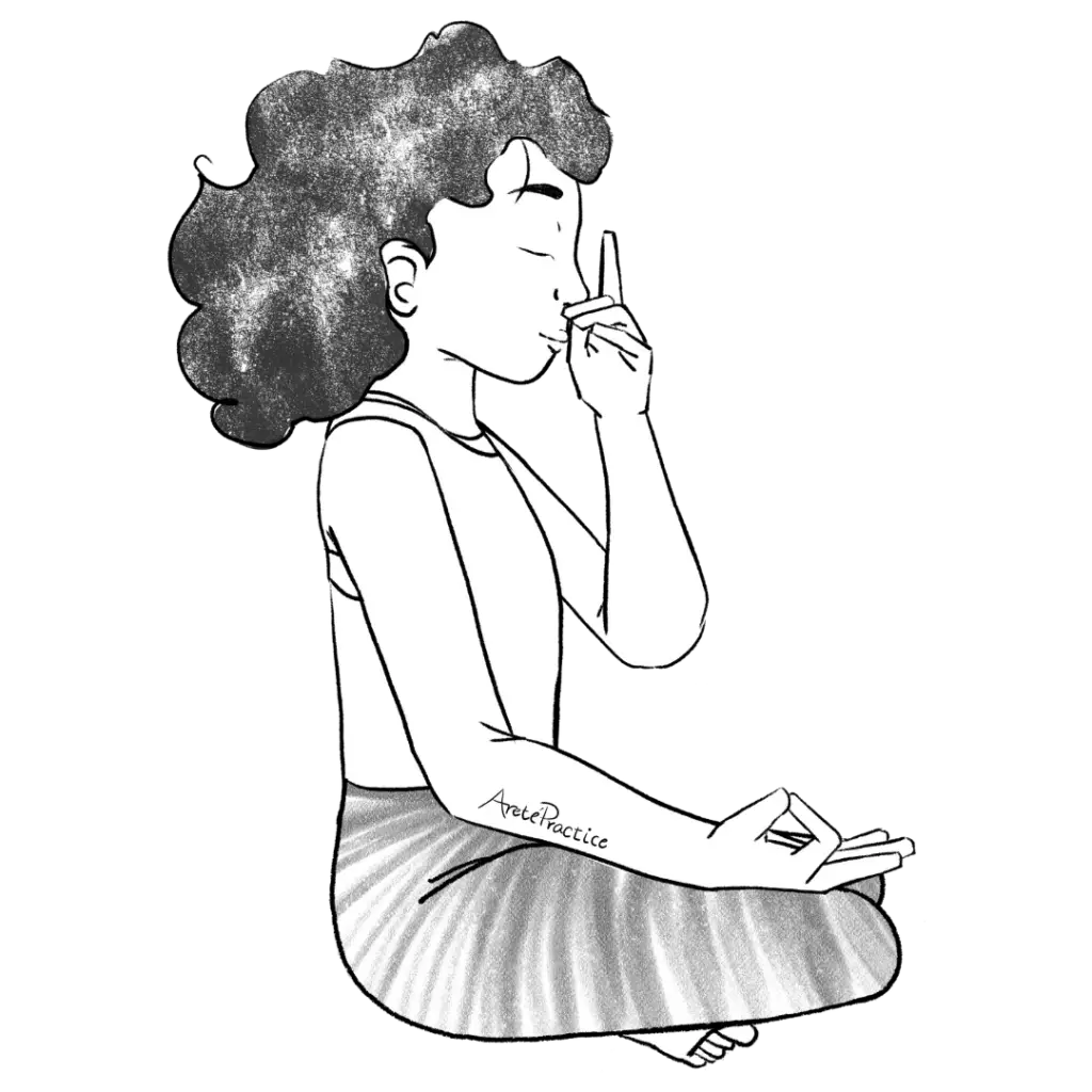 Ilustración de Susan haciendo una respiración larga y profunda por la fosa nasal izquierda