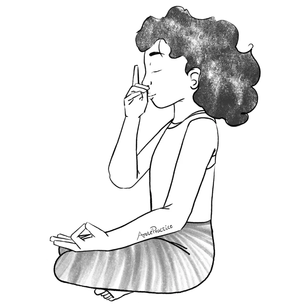 Illustration of Susan doing long deep breathing through right nostril