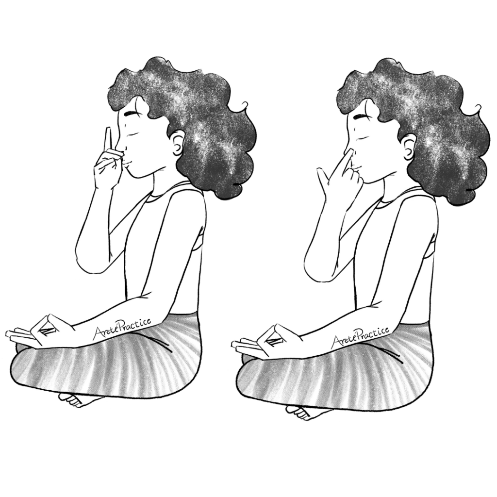 Ilustración de Susan practicando la respiración alternada por fosas nasales (Nadi Sodana)