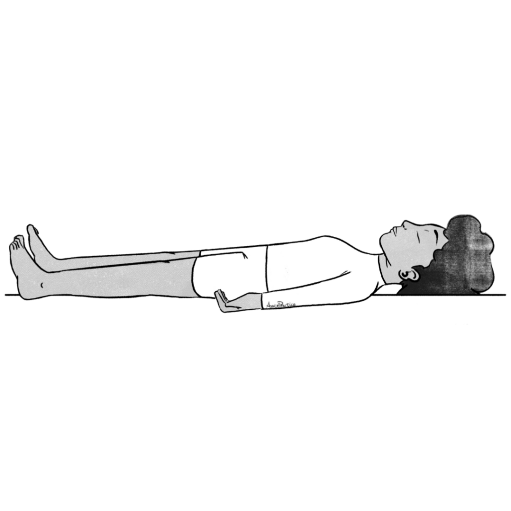 Ilustración de Elaine en Savasana acostada sobre su espalda.