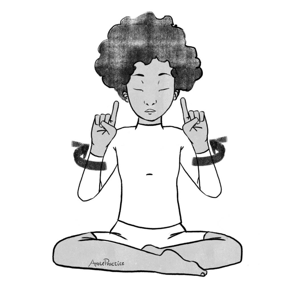 Ilustración de Elaine con mudra de aguja