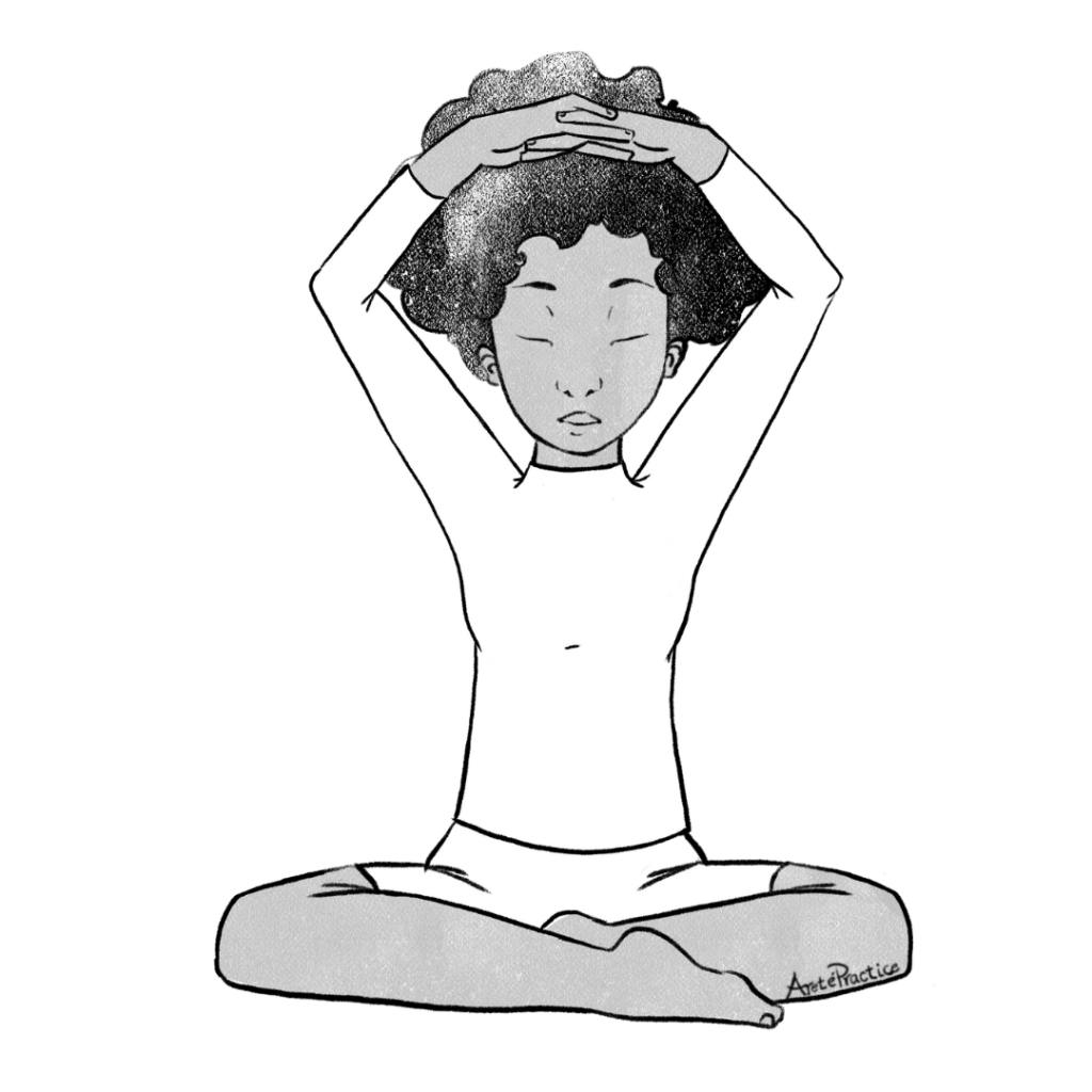 Ilustración de Elaine con las manos entrelazadas sobre su cabeza.