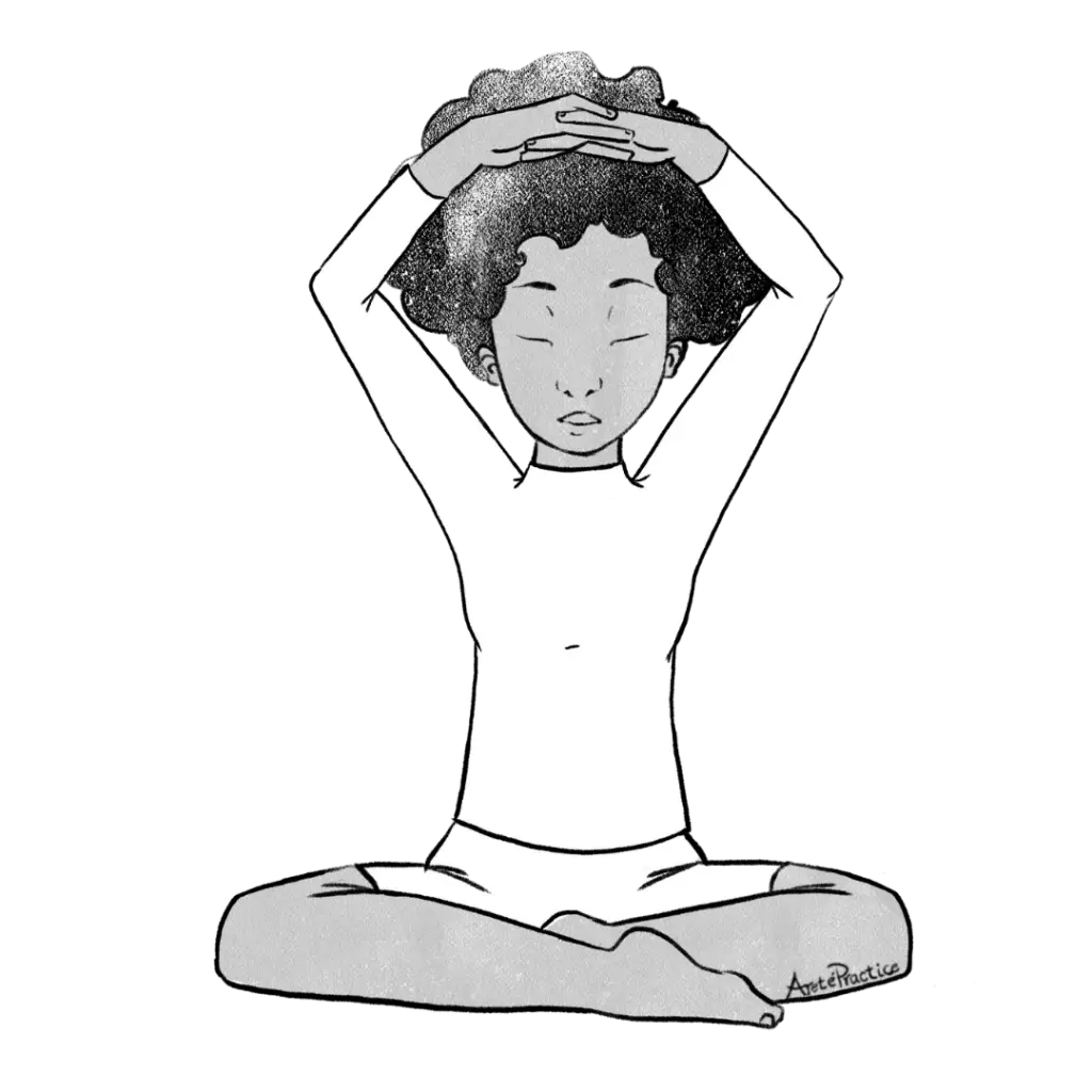 Ilustração de Elaine com as mãos cruzadas acima da cabeça.