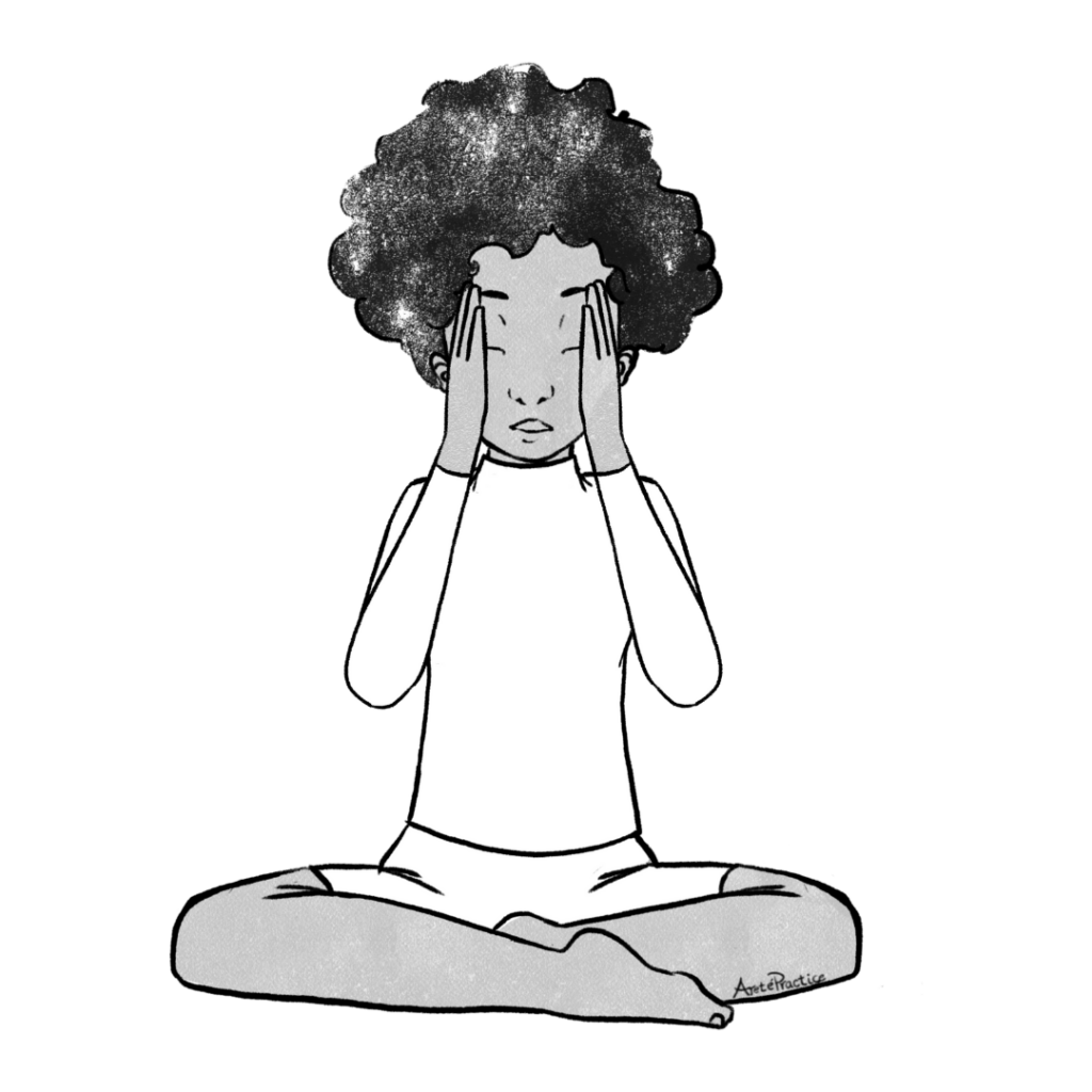 Ilustração de Elaine em pose fácil com as duas mãos na frente do rosto
