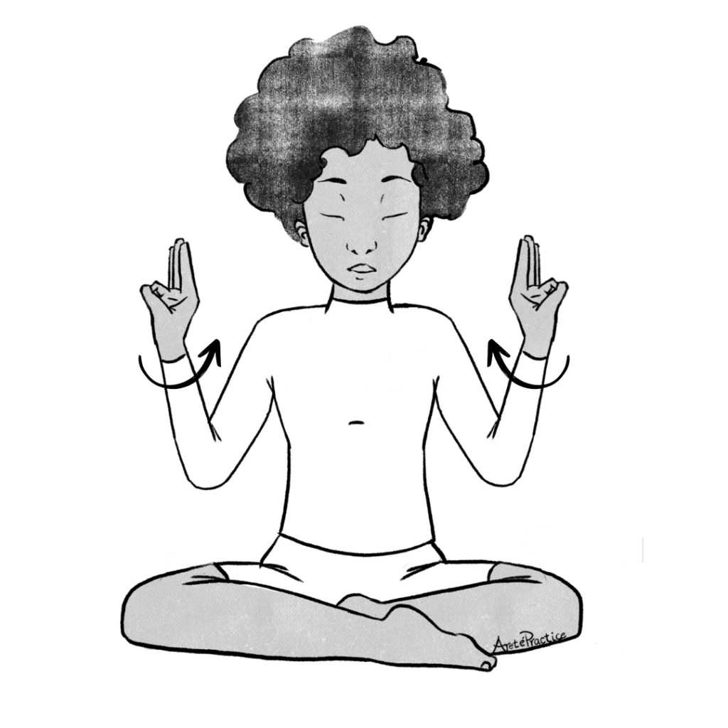 Illustration of Elaine in Easy pose with hands in active buddhi mudra with arrows