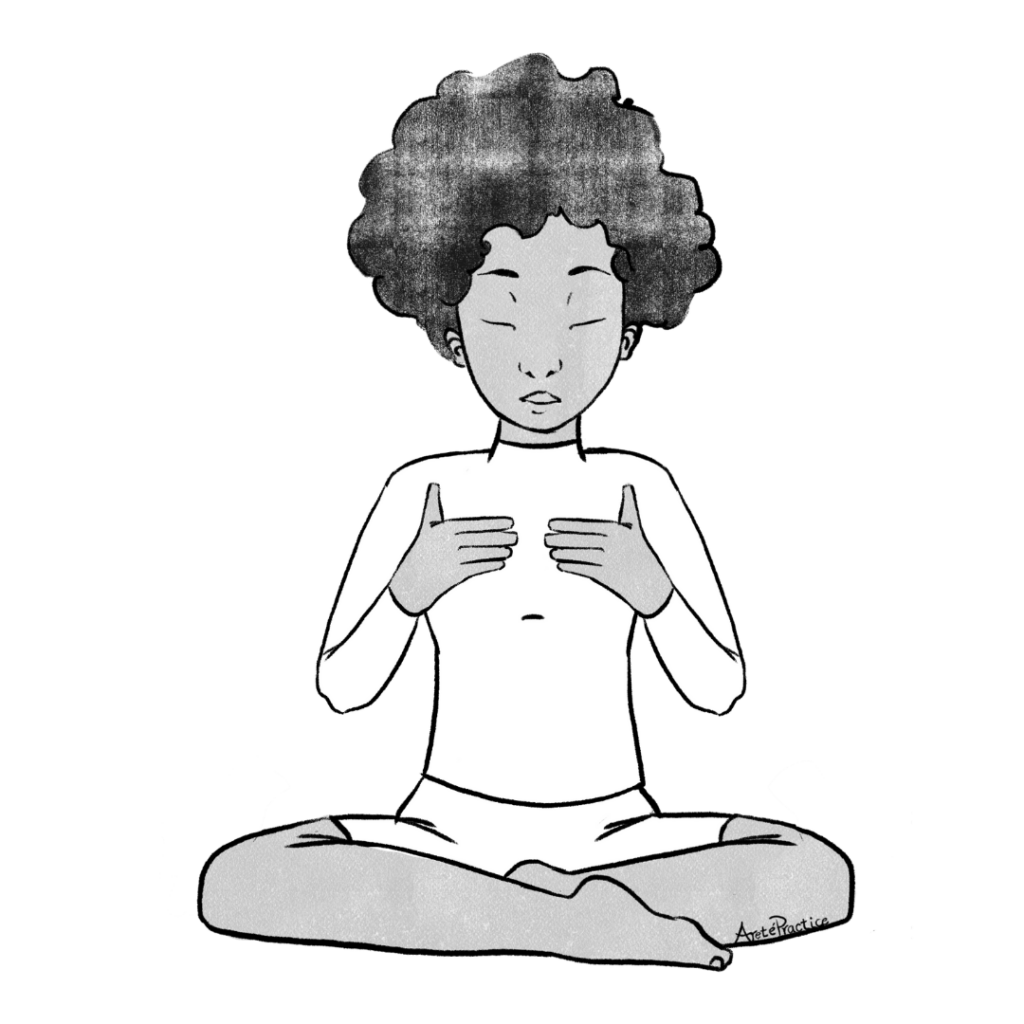 Ilustración de Elaine sentada con las manos en el pecho.