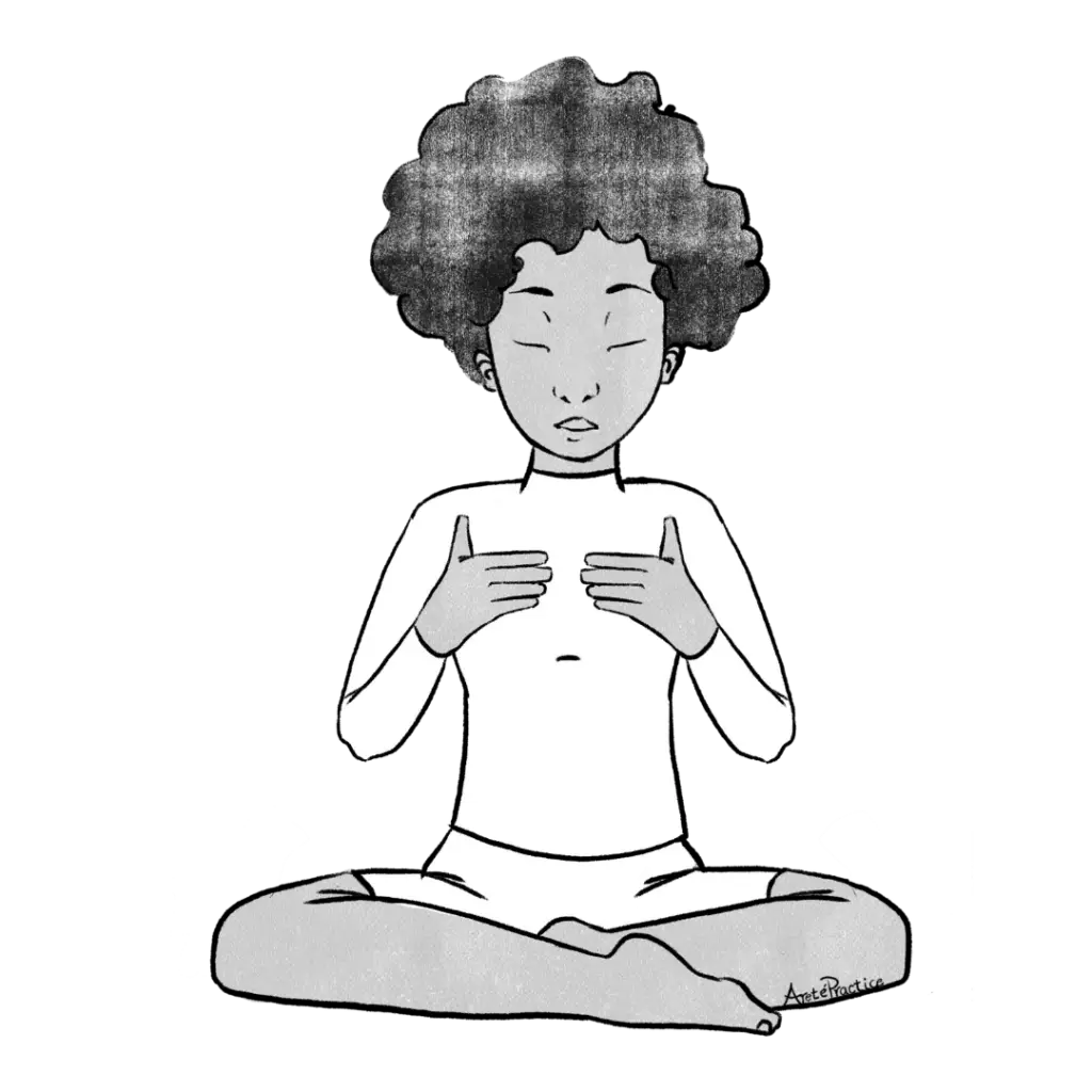 Illustration of Elaine sitting with her hands on her chest.