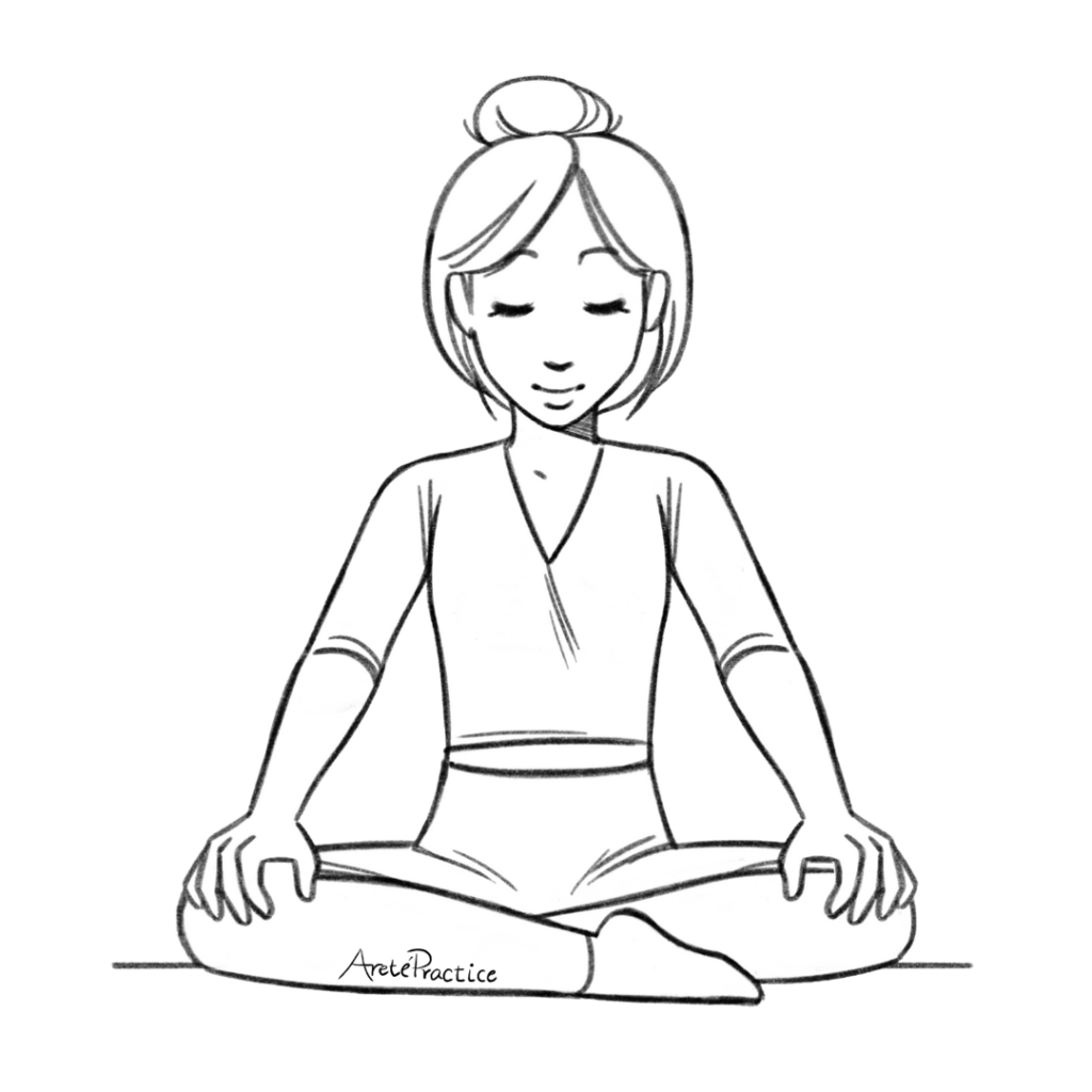 Ilustración de Helen sentada en pose fácil con las manos sobre las rodillas.