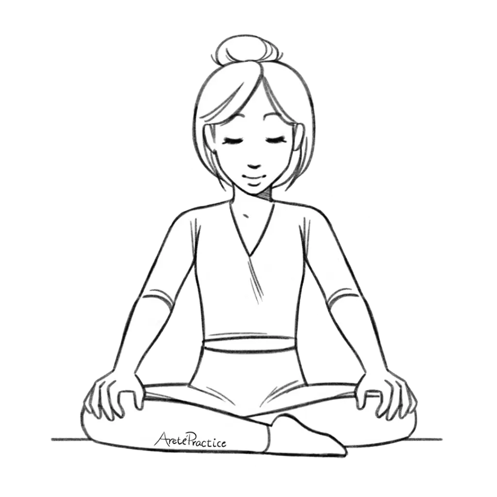 Illustration of Helen sitting in easy pose with hands on knees.