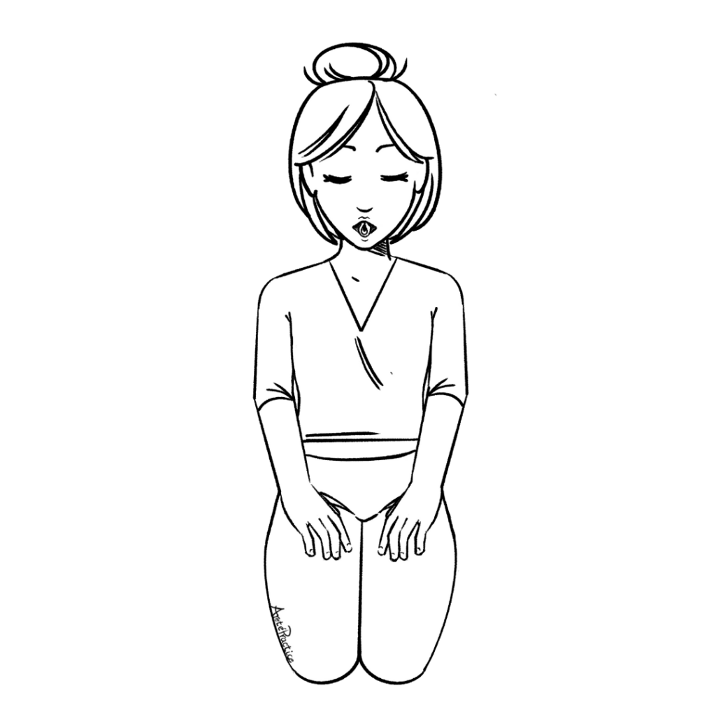 Ilustración de Helen en la postura de la roca haciendo Sitali Pranayam