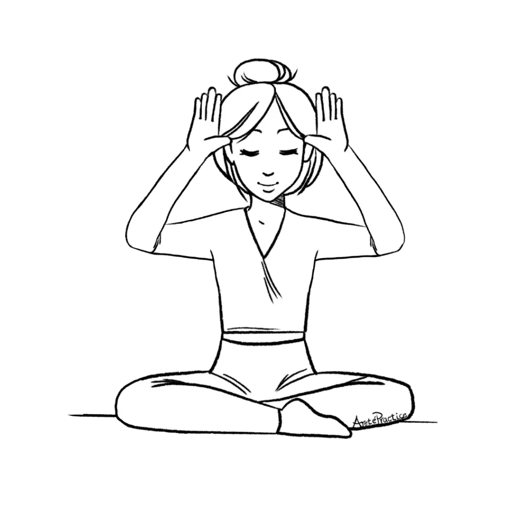 Illustration d'Hélène les mains sur le temple.