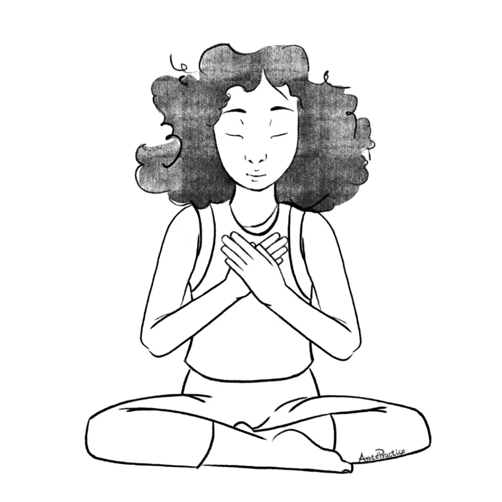 Illustration of Susan in easy pose with hands at heart center