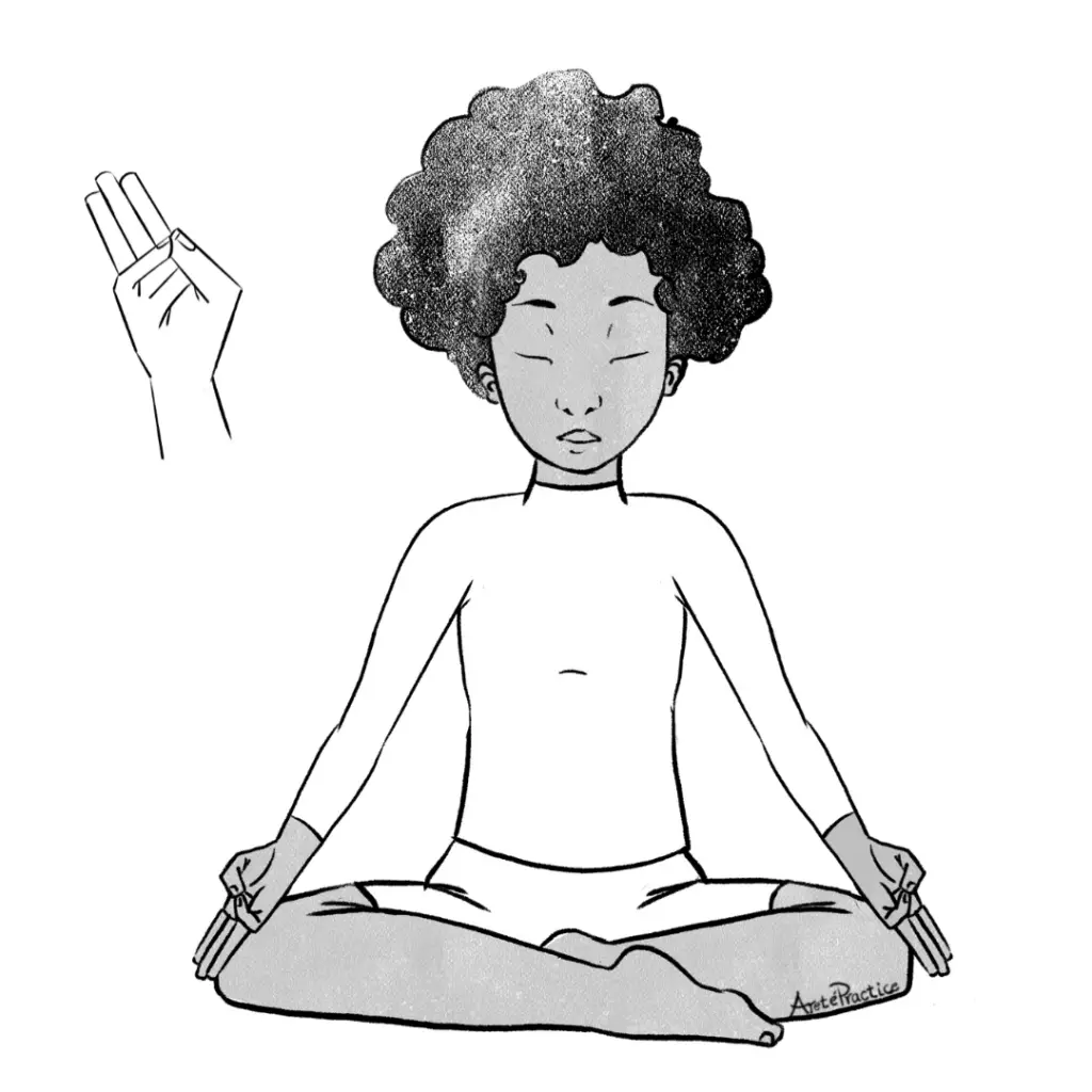 Elaine sentada meditando com Buddhi Mudra