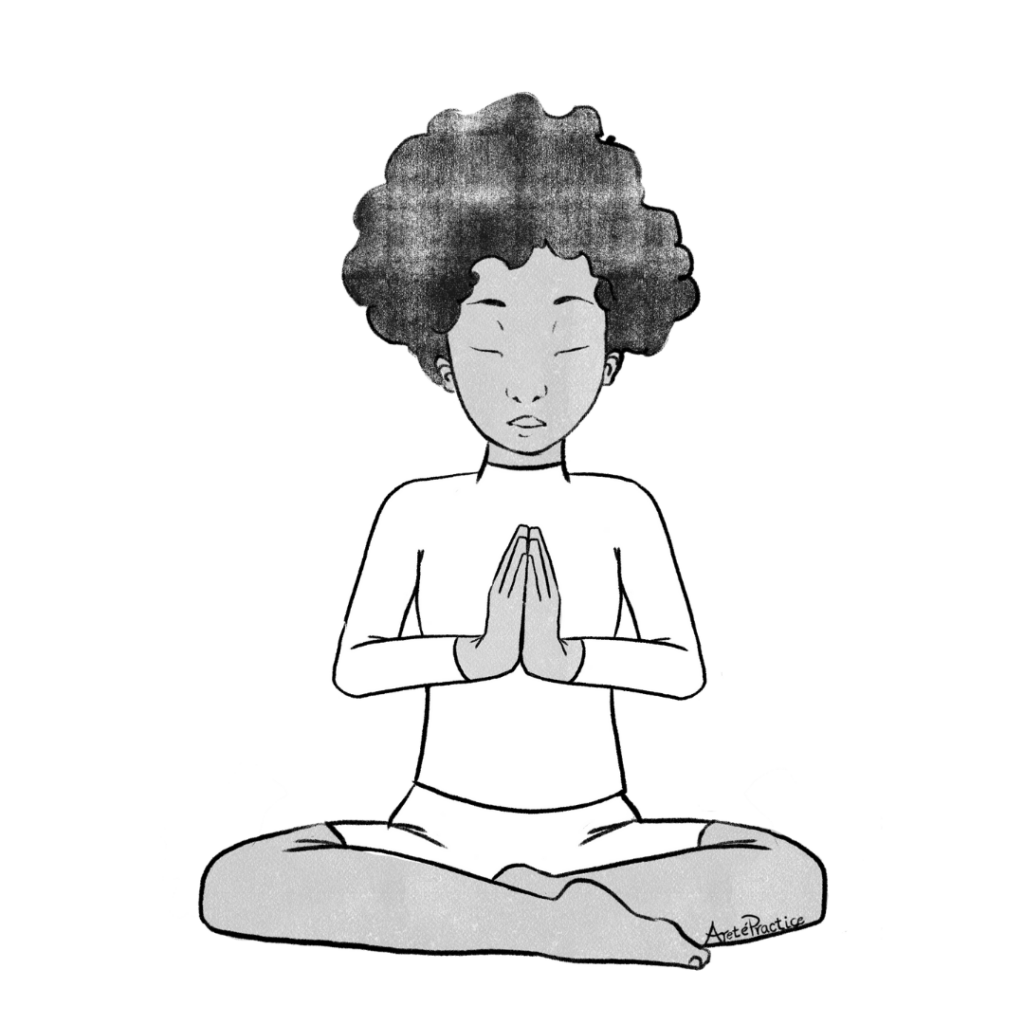 Ilustración de Elaine sentada en postura fácil con las palmas juntas en postura de oración (Pranam Mudra) en el centro del corazón (Anahata Chakra)