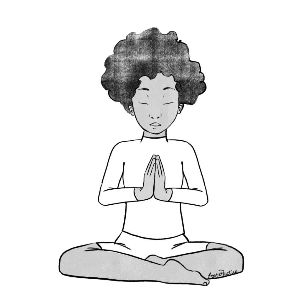 Illustration of Elaine sitting in easy pose with palms together in Prayer Pose (Pranam Mudra) at the Heart Center (Anahata Chakra)