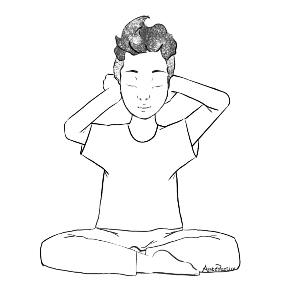 Illustration of George sitting down in easy pose and doing Earthquake Meditation.