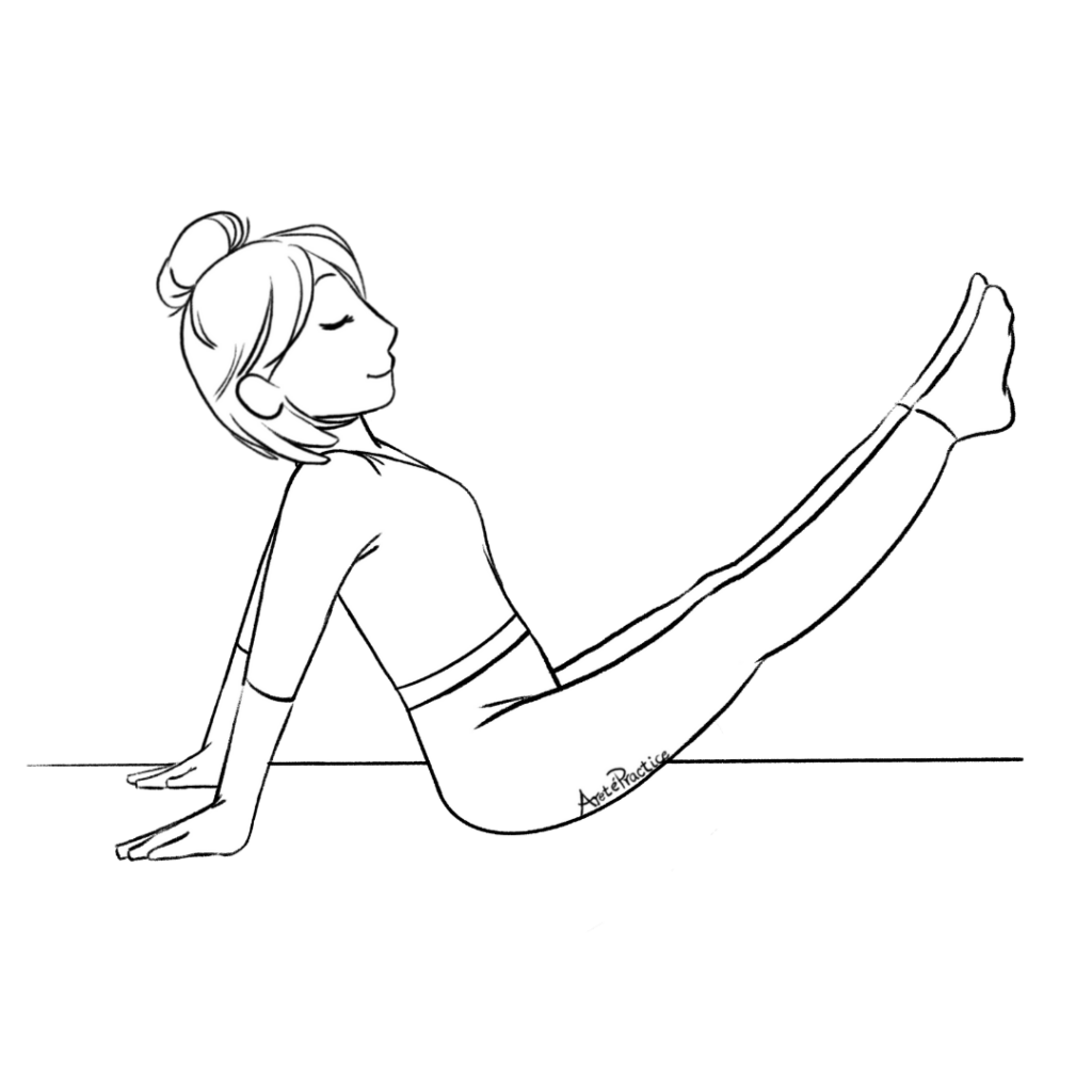 Ilustración de Helen sentada, inclinada hacia atrás con las piernas extendidas en un ángulo de 60 grados hacia arriba.