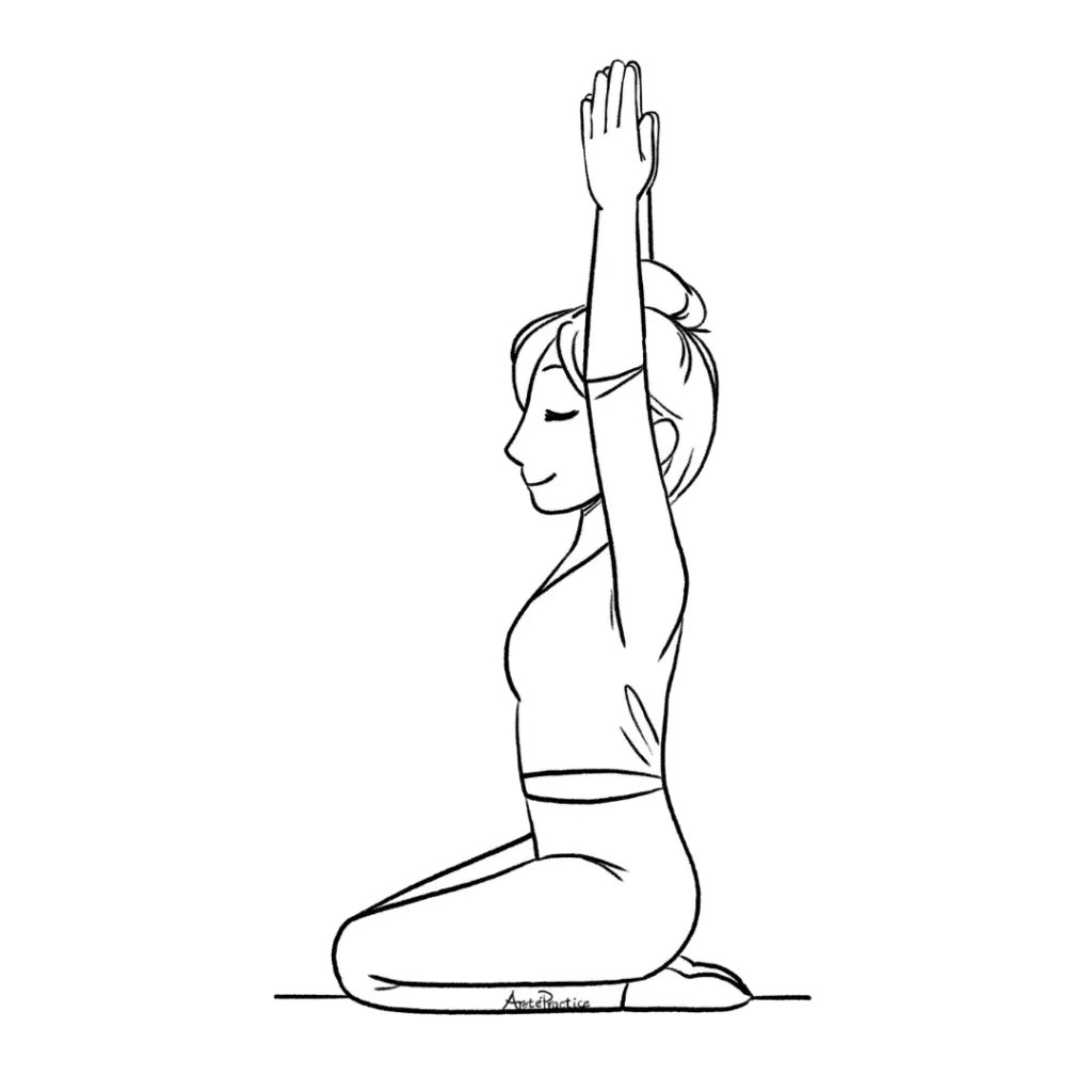Illustration of Helen doing the Rock Pose (Vajrasaana) with your arms raised overhead and palms together.