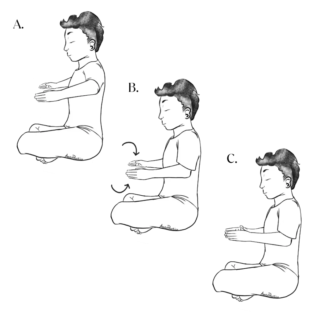 Illustration of George doing the Meditation for the first chakra excercise.