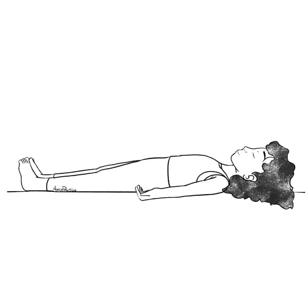 Illustration de Susan allongée sur le dos en posture du cadavre (Savasana)