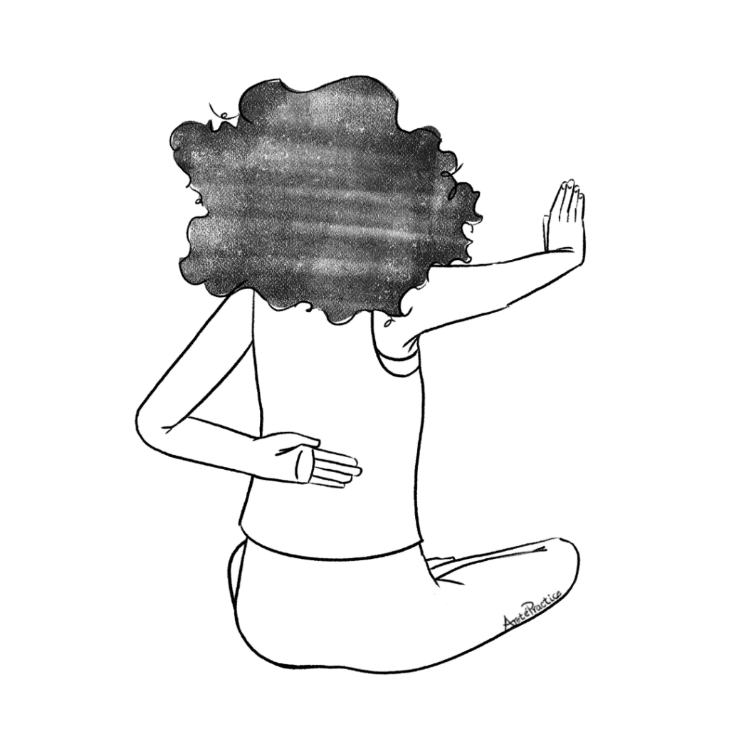 Illustration of Susan sitting in Easy Pose with Left hand behind back and right hand extended forward