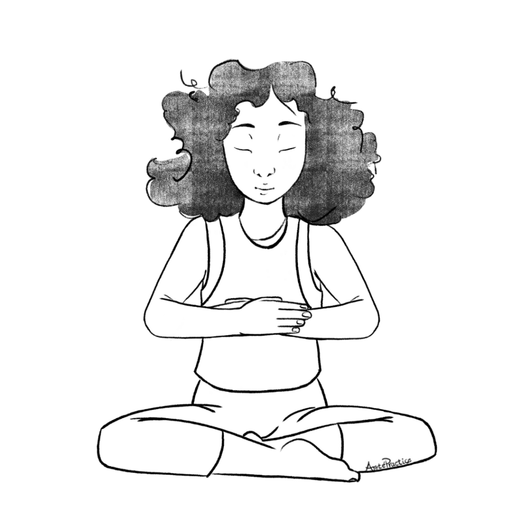 Illustration of Susan sitting in easy pose with hands placed in front of her Solar Plexus, with the left hand facing her body and the right hand pressing on the left wrist.