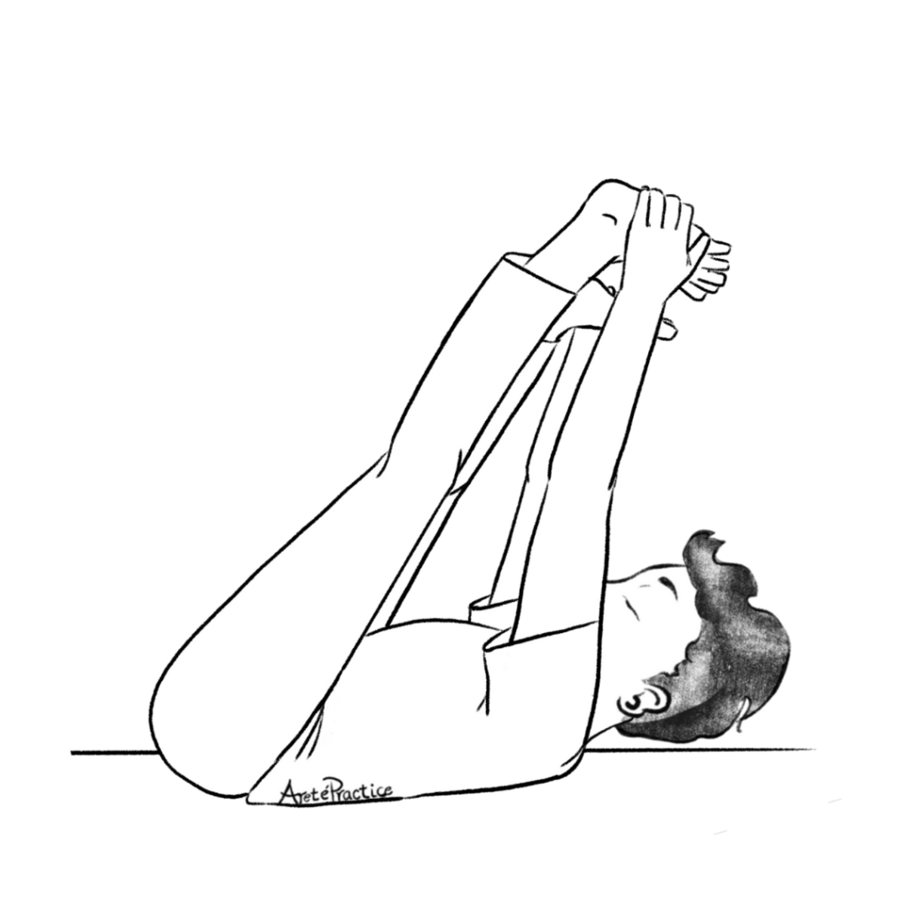 Ilustración de George acostado boca arriba con las piernas estiradas y las manos alrededor de los pies.