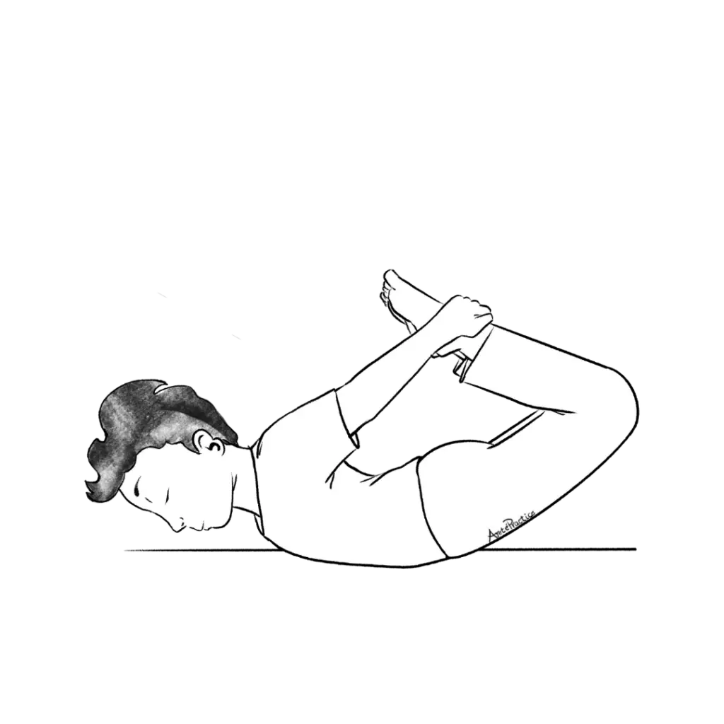 Illustration of George laying down on stomach in bow pose Dhanurasana