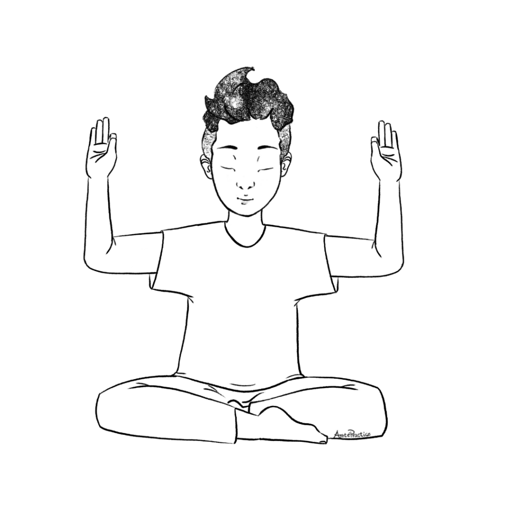 Illustration of George sitting in easy pose (Sukhasana), arms extending to the sides, parallel to the ground with elbows bending at 90-degree angle, bringing his forearms straight up and hands into Gyan Mudra.