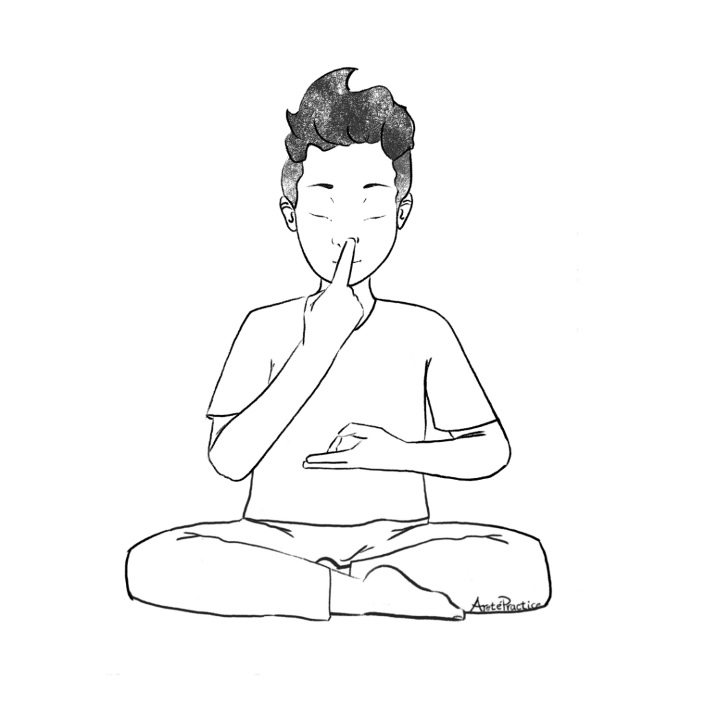 Illustration of George sitting in easy pose with right hand touching nose and left hand facing up.