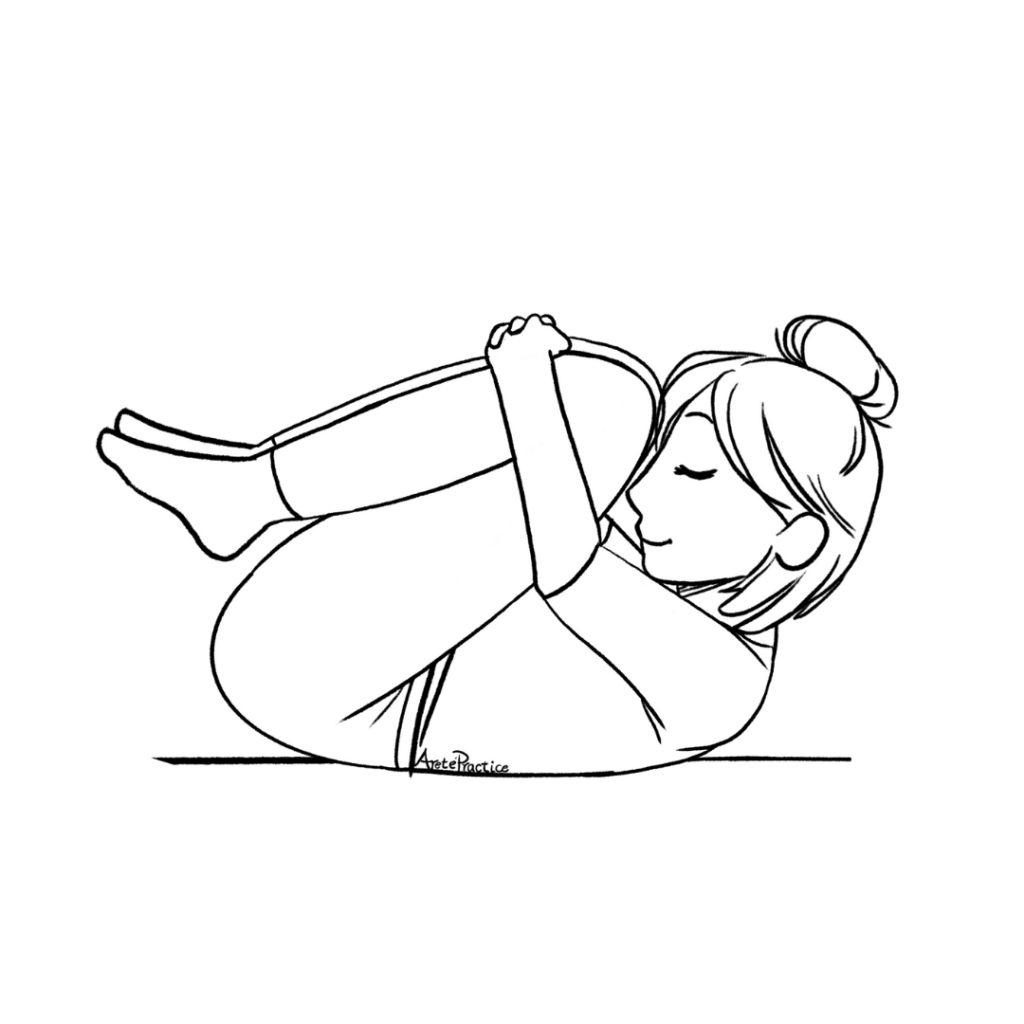 Ilustración de Helen acostada con las rodillas hacia el pecho y la cabeza entre las rodillas.