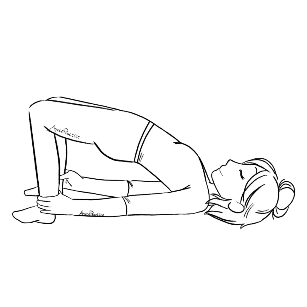 Illustration of Helen laying down with knees bent and feet flat on the ground near her buttocks. grasping ankles.