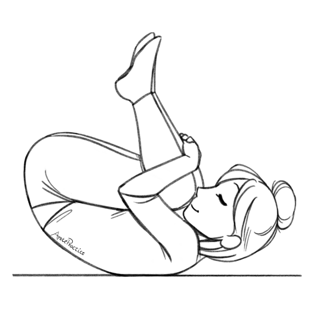 Ilustração de Helen deitada em rolos de costas com os joelhos em direção ao peito.