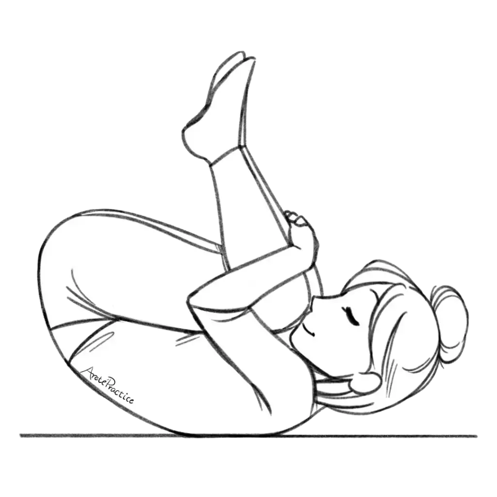 Illustration of Helen laying down in back rolls with knees towards chest.