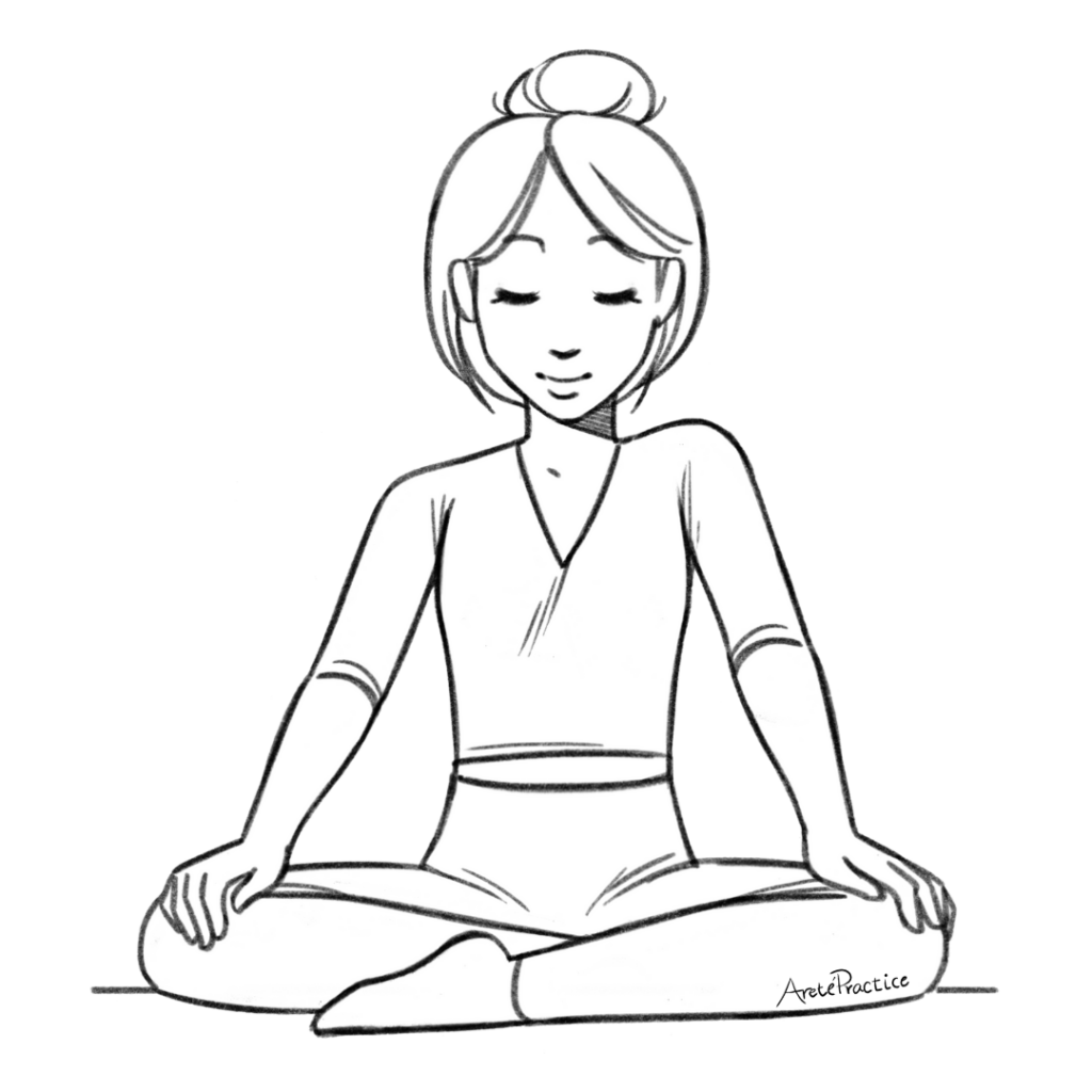 Illustration of Helen sitting in easy pose with shoulders shrug. upward motion with one shoulder