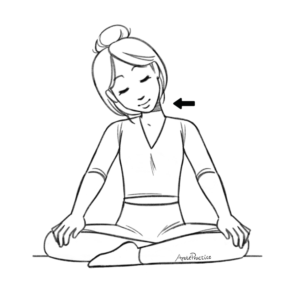 Ilustração de Helen sentada em pose fácil, com coluna reta, pescoço girando em movimento lateral