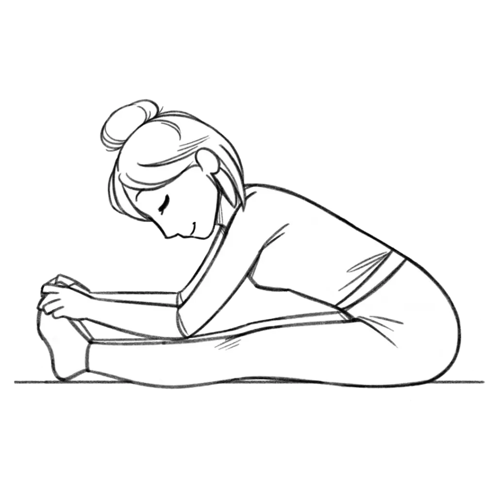Illustration of Helen sitting down on floor in forward bend with both legs extended forward, downward position