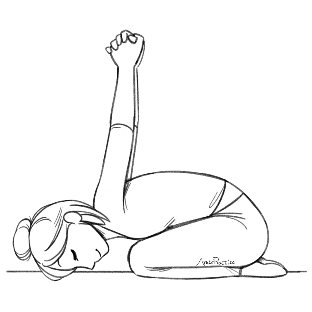 Ilustração de Helena sentada na pose da rocha, com a testa no chão e o mudra de Vênus