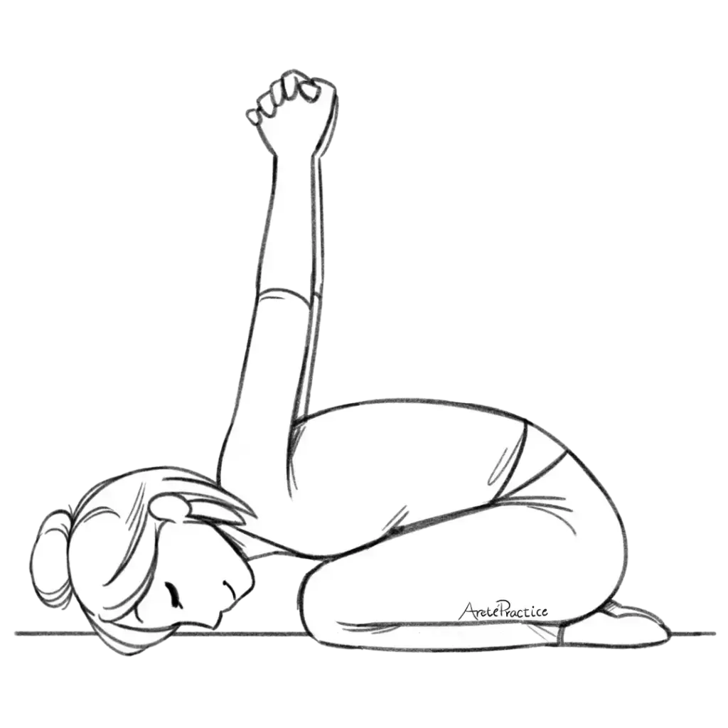 Illustration of Helen sitting down in rock pose, forehead on the floor with venus mudra