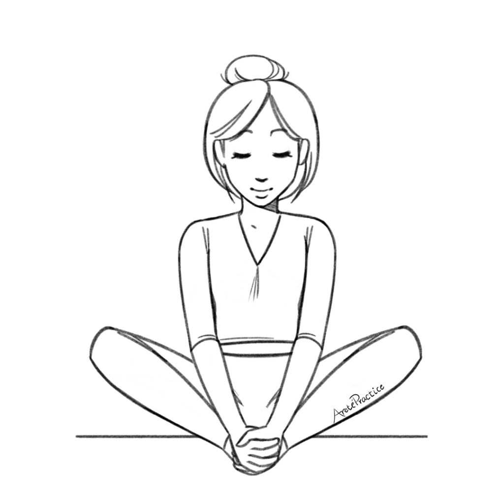 Ilustração de Helen sentada com a coluna reta, as solas dos pés juntas e as mãos entrelaçadas na parte da frente dos pés.