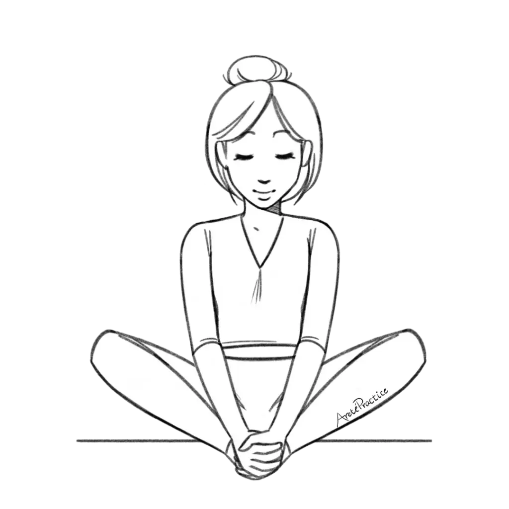 Illustration of Helen sitting in straight spine with both soles of her feet together, hands are clasping around the front of the feet.