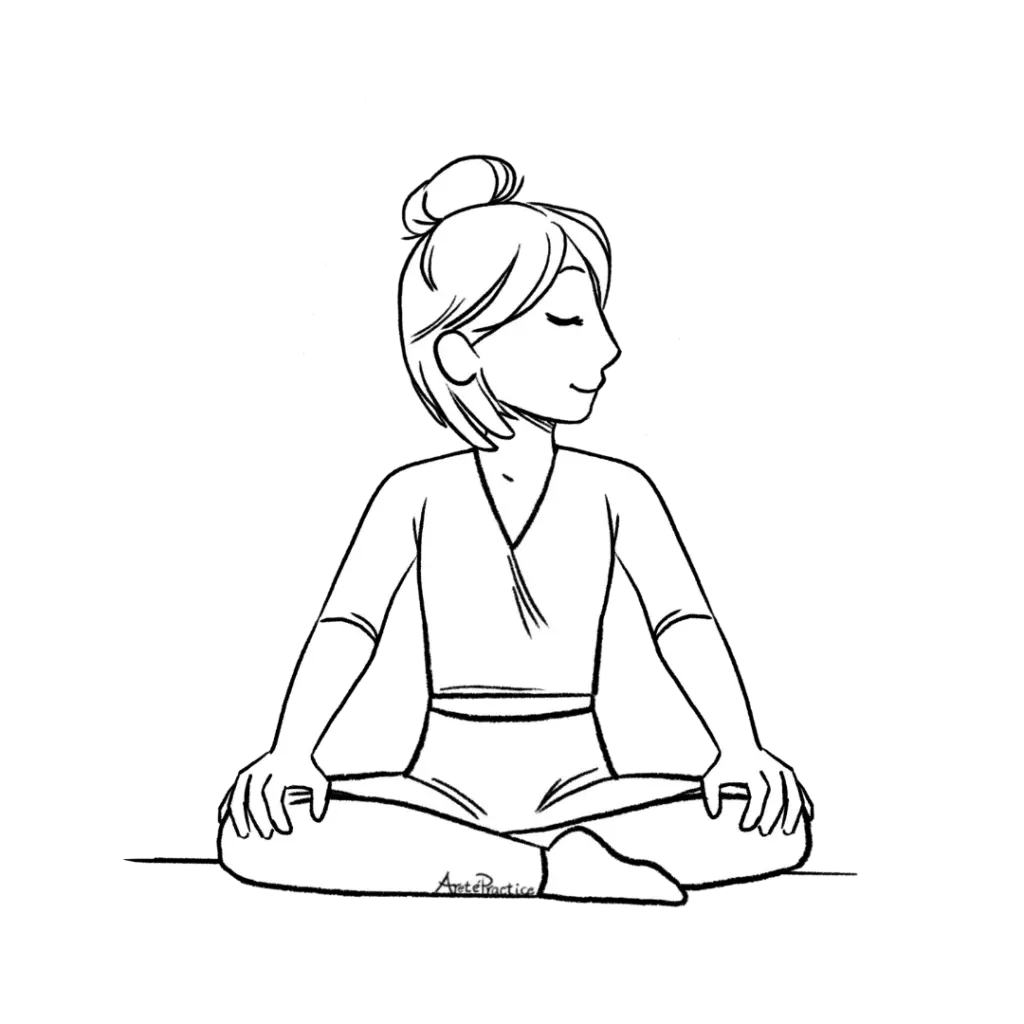 Illustration of Helen sitting in easy pose with hands on knees and head towards one side, doing neck turns.