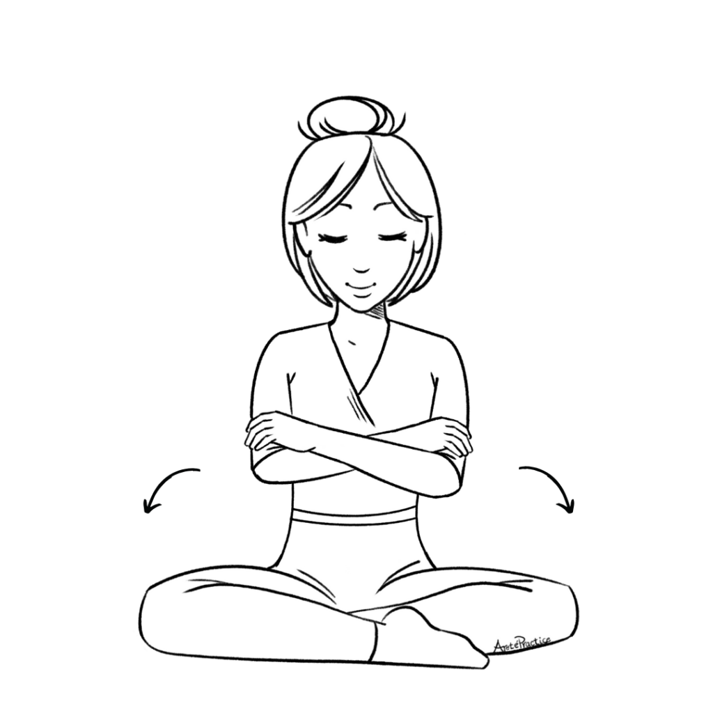 Illustration of Helen sitting in easy pose with hands hugging elbows.